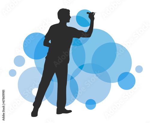 Darts sport graphic with design elements in background.