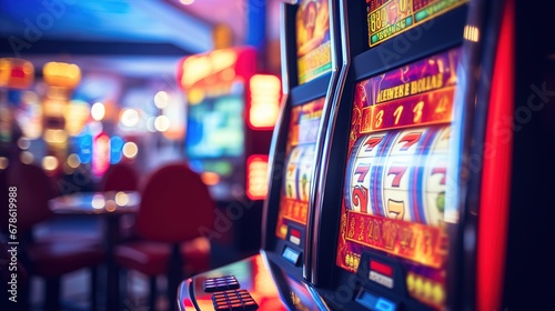 Rows of casino slot machines. Gambling theme background.