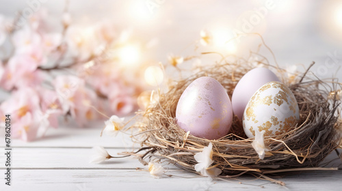 Easter eggs decorated with flowers in a decorative nest. Spring background. Happy Easter card template
