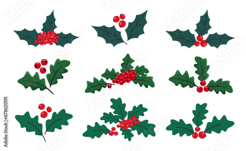 Fotografie Set of Christmas holly with green leaves, red berries