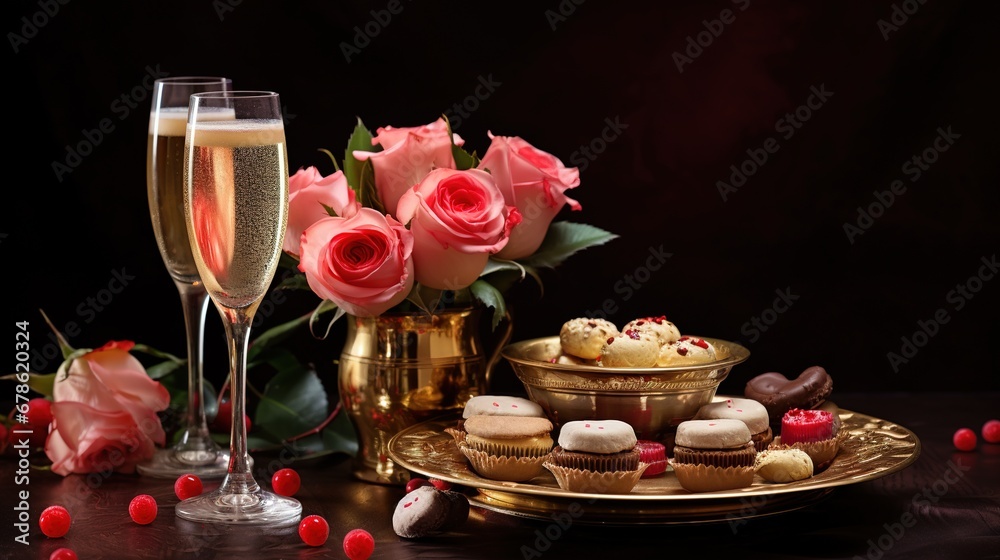 Dessert, bouquet of roses and glasses of champagne for the couple. Happy Valentine's Day. Symbol of passion and love