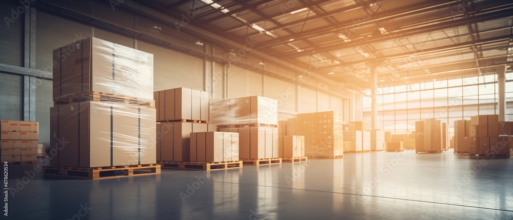 Warehouse or industrial building interior, distribution center, retail warehouse. Storage and shipping system. Boxes on a shelf, an empty space and a concrete floor. Logistics panoramic background Warehouse or industrial building interior, distribution center, retail warehouse. Storage and shipping system. Boxes on a shelf, an empty space and a concrete floor. Logistics panoramic background