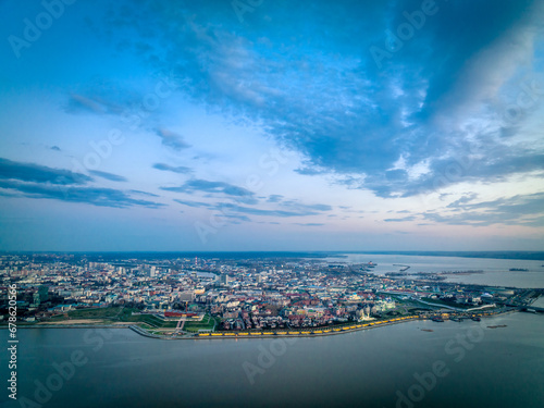 Panoramic view of the center of Kazan. Cityscape with the Kazanka River. An unusual view of Kazan from above