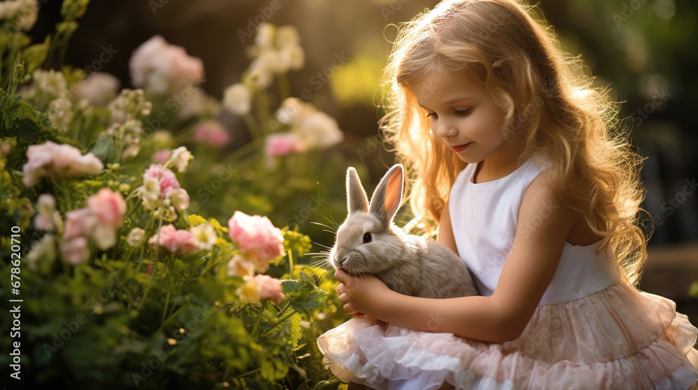 Cute little girl with a bunny rabbit has a easter at green grass background Cute little girl with a bunny rabbit has a easter at green grass background