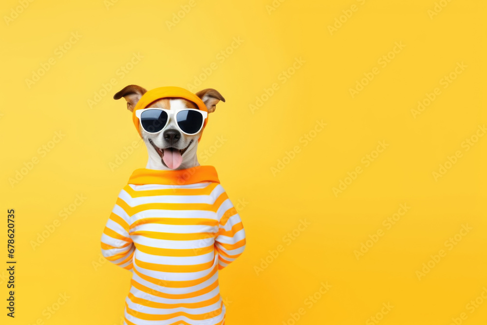 Funny dog in headband, stylish sunglasses and stripped clothes on yellow background with copy space