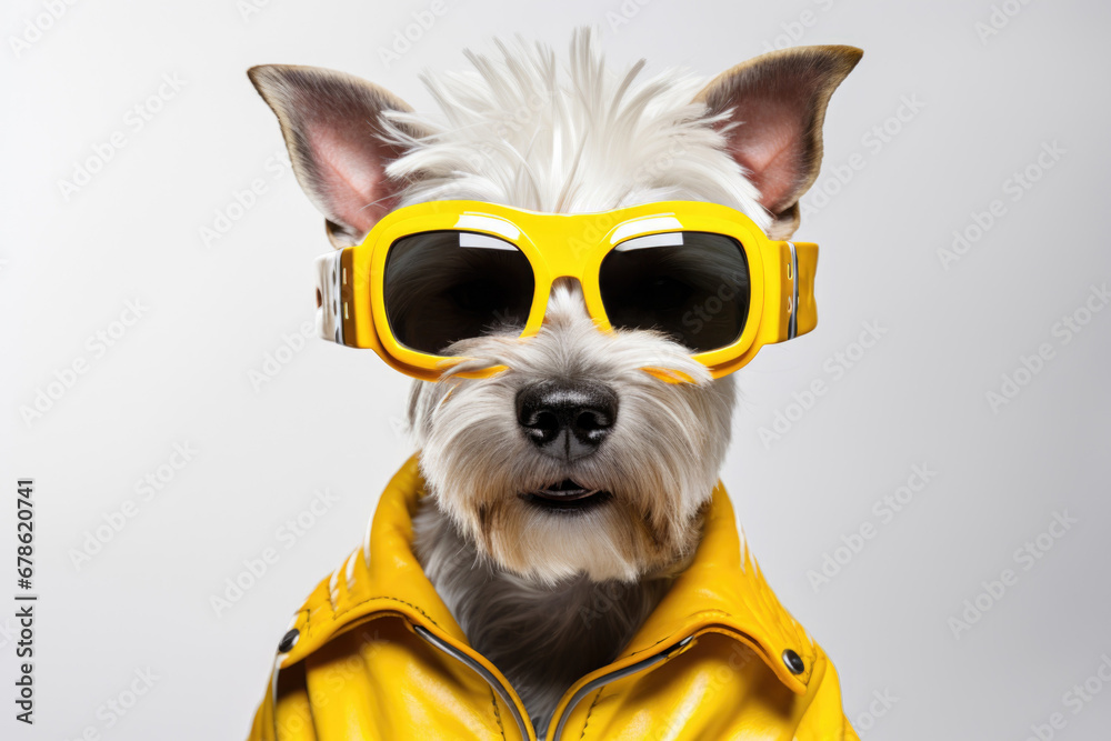 Stylish dog in sunglasses and yellow leather jacket