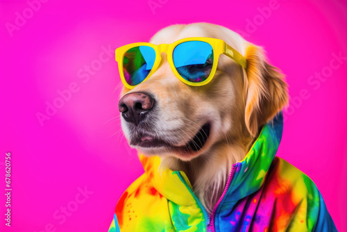 Golden Retriever in sunglasses and colorful jacket on pink background