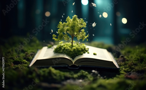 Magic book with green plants, magical nature's enchantment, Generative AI
