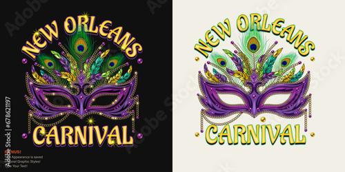 Carnival Mardi Gras label with luxury mask, gold chains, feathers, beads, text New Orleans. For prints, clothing, t shirt, surface design. Vintage illustration with editable font style. Not AI