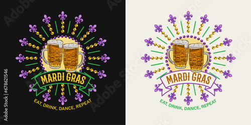 Carnival circular Mardi Gras label with full frothy glass of beer, Fleur de Lis, beads, ribbon, text. For prints, clothing, t shirt, surface design. Vintage illustration. Not AI photo