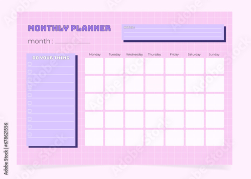 Horizontal Y2k style monthly planner calendar template 2024. 90s graphic design vector planner with checkered background.