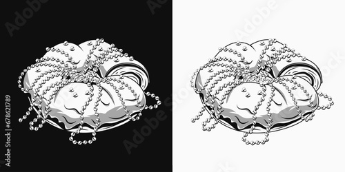 Mardi Gras traditional king cake, roll with strings of beads. Vintage monochrome illustration on black, white background.