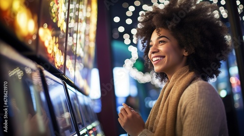 Happy afro american woman playing slot machine in casino. Gambling theme