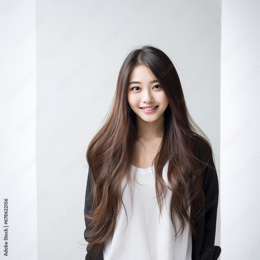 10代の笑顔のロングヘアの美しい女子中学生