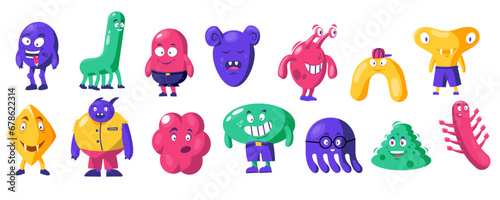 Cute abstract monsters. Doodle funny shapes alien characters with different emotions, figures with cute faces. Vector childish monster set