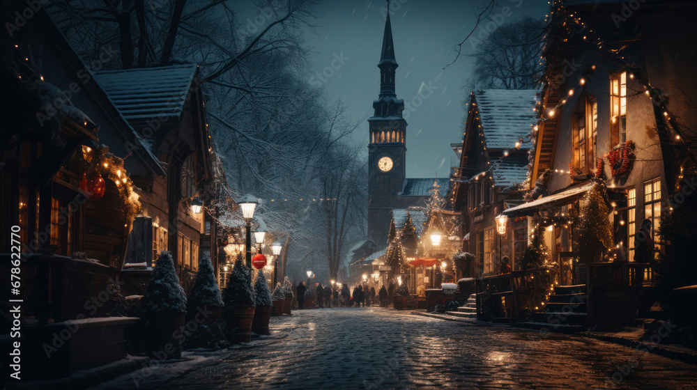 Christmas time small town at night, Christmas lights, Generative AI