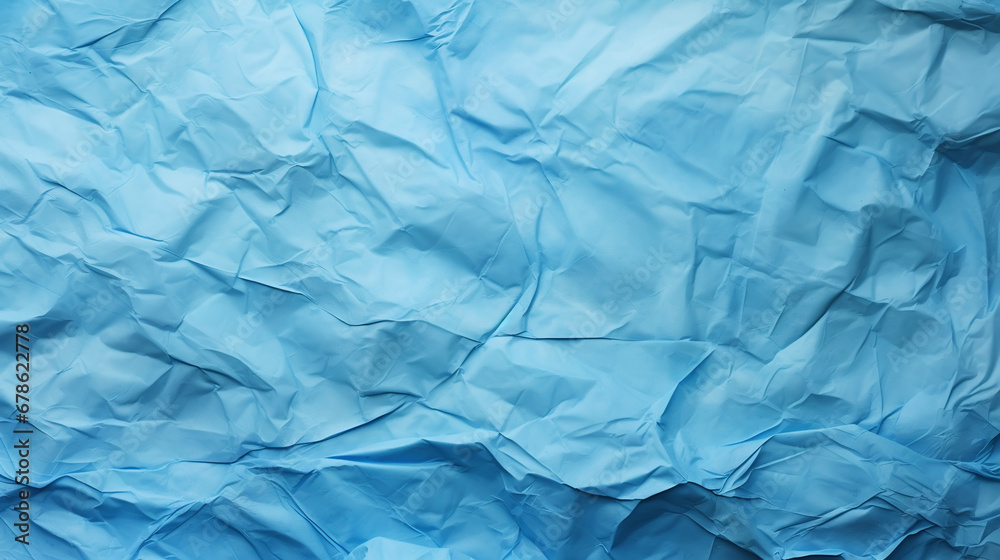 Fototapeta premium Blue crumpled paper texture. Blank background with creases. Generative AI