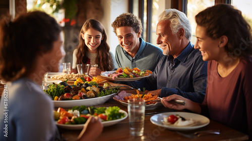Happy multi-generational families gather together during dinner time.
