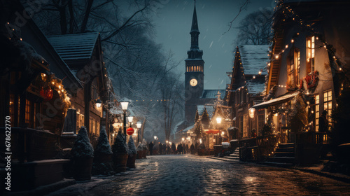 Christmas time small town at night, Christmas lights, Generative AI
