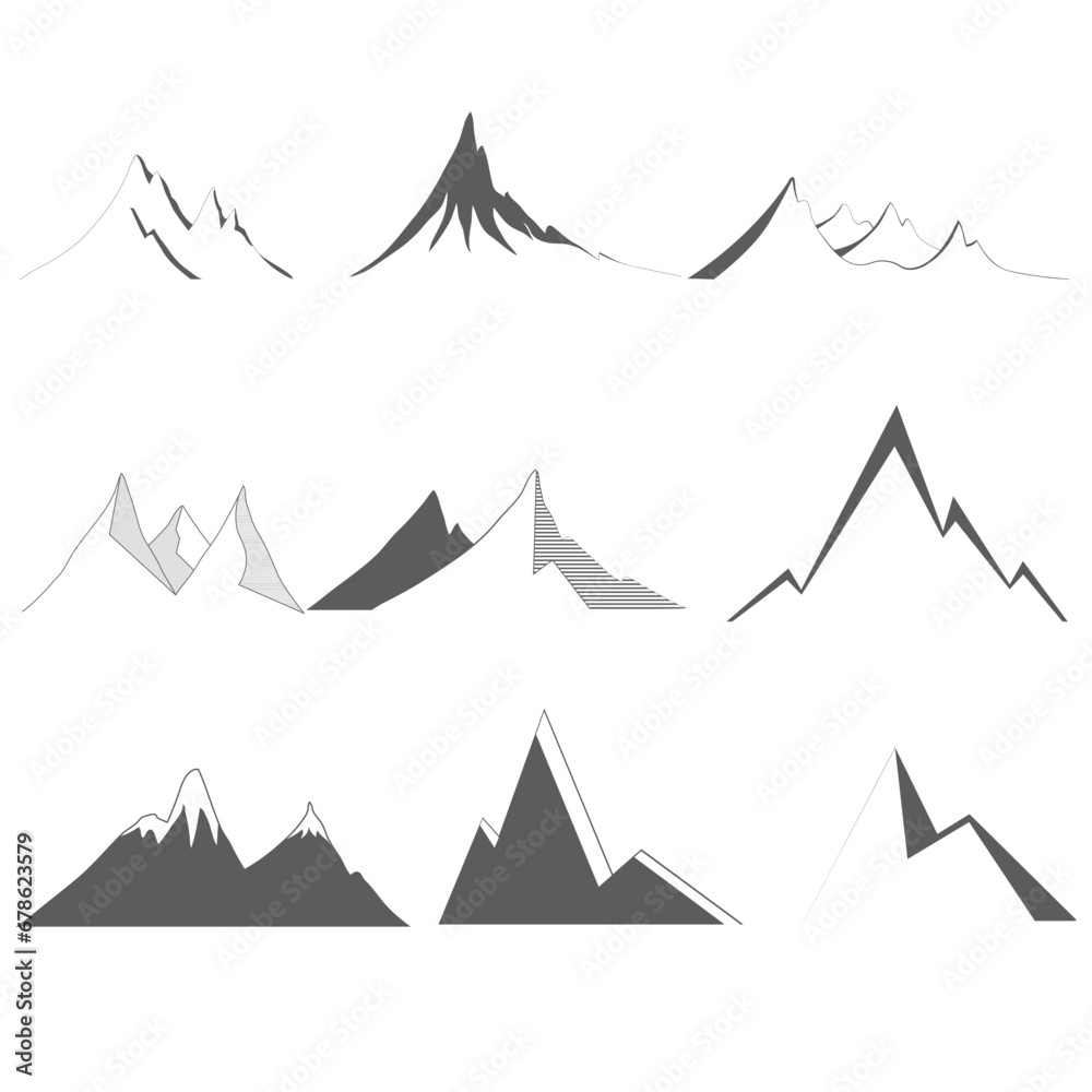 Fototapeta premium Set of mountais shapes isolated on white background.Vector illustration.
