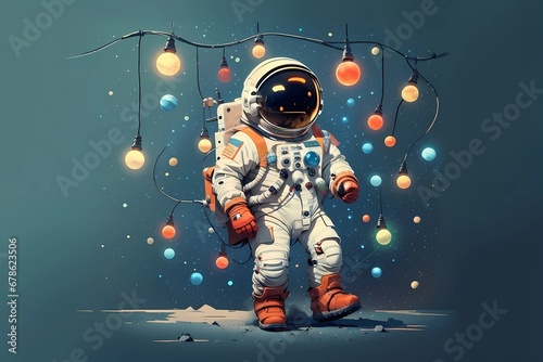 astronaut in space with lights hanging from his hands