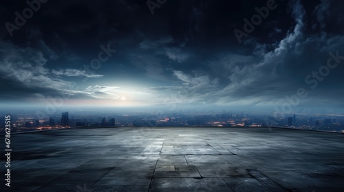 Dark concrete floor with picturesque night sky horizon and dramatic clouds and the city