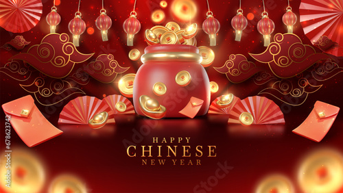 Chinese new year background with 3d realistic ornaments and red money bag elements and coin, gold ingot, lantern, envelope with glitter light effect decoration and bokeh. photo