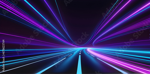 Panoramic high speed technology concept, light abstract background. Image of speed motion on the road. Abstract background in blue and purple neon glow colors.