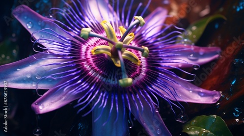 A close-up view of a passion flower  with its intricate  spiral-shaped corona and vibrant purple petals  resembling a work of natural art.
