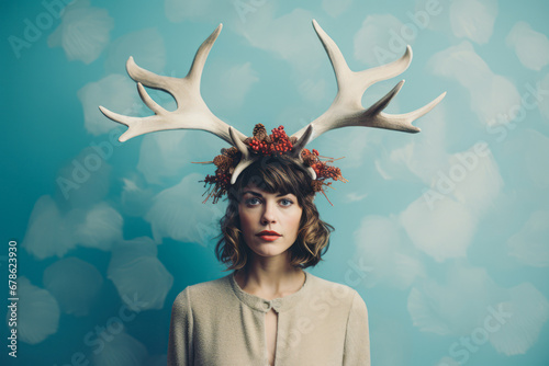 Portrait of a young woman wearing deer antlers on head. Fun idea of celebrating christmas. Unusual bright scene against blue background.