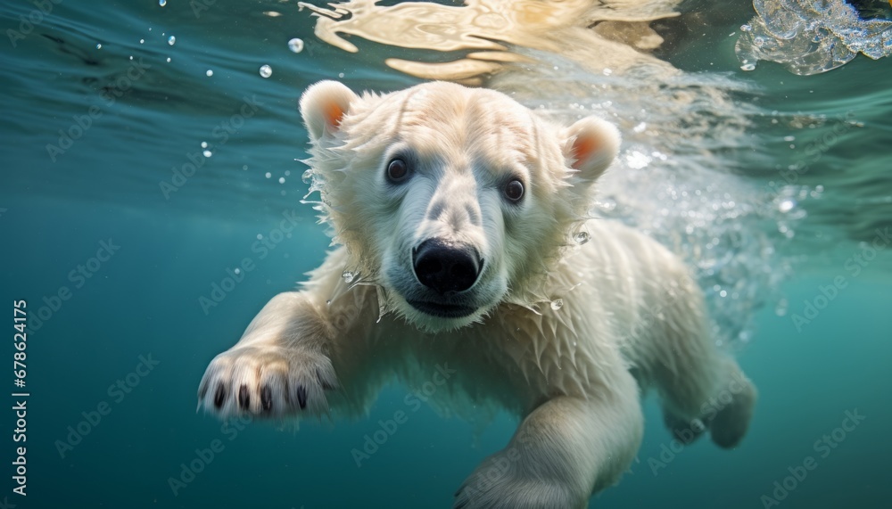 Portrait of a polar bear cub diving into the ocean waters for prey.
