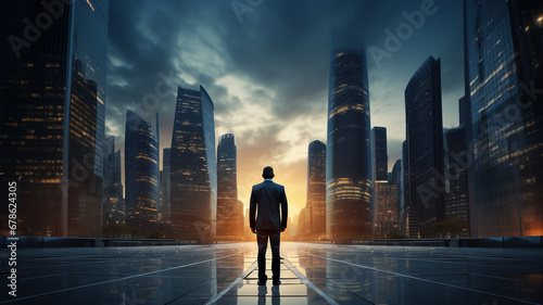 Businessman standing and looking at the big city in the morning