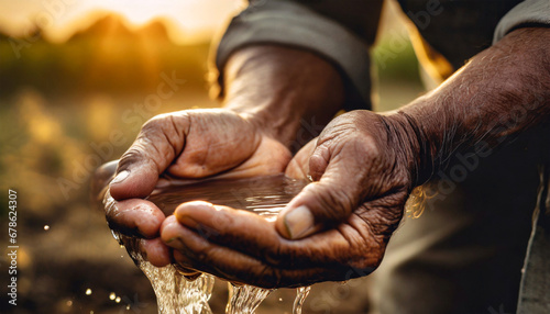 Close-up of two wrinkled hands (cupped hands full of fresh water) of a farmer holding fresh water. Concept of water scarcity, drought or water conservation.