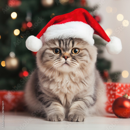 cute cat wearing a Christmas hat sitting in front of a Christmas tree with beautiful bokeh of christmas lights created with Generative AI Technology