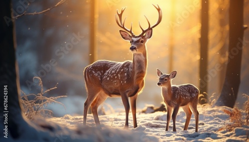 Mother deer with her child in the winter forest. photo