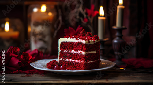 A tempting photo of a red velvet cake, romantic chiaroscuro lighting, evening, Valentine theme.
