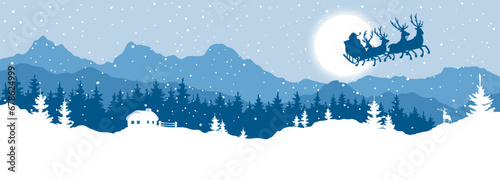 Abstract landscape with a snowy forest and with Santa's reindeer sleigh. Narrow vector illustrations, Christmas wallpaper.	 photo