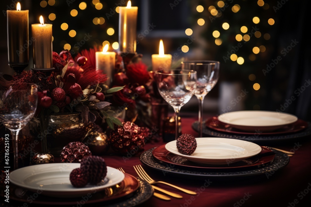 Festive Holiday Dinner Table with Glowing Candles and Elegant Place Settings