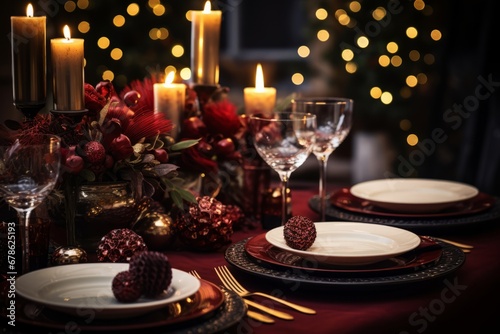 Festive Holiday Dinner Table with Glowing Candles and Elegant Place Settings