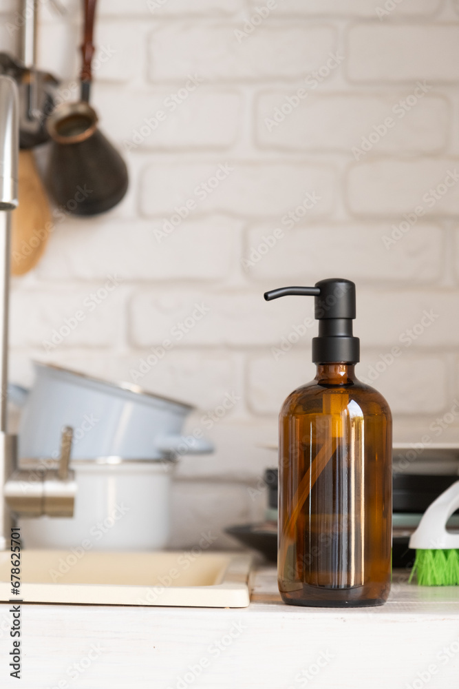 Recycled plastic pump bottle for mockup on white brick wall background near sink Recycled plastic pump bottle for mockup on white brick wall background near sink