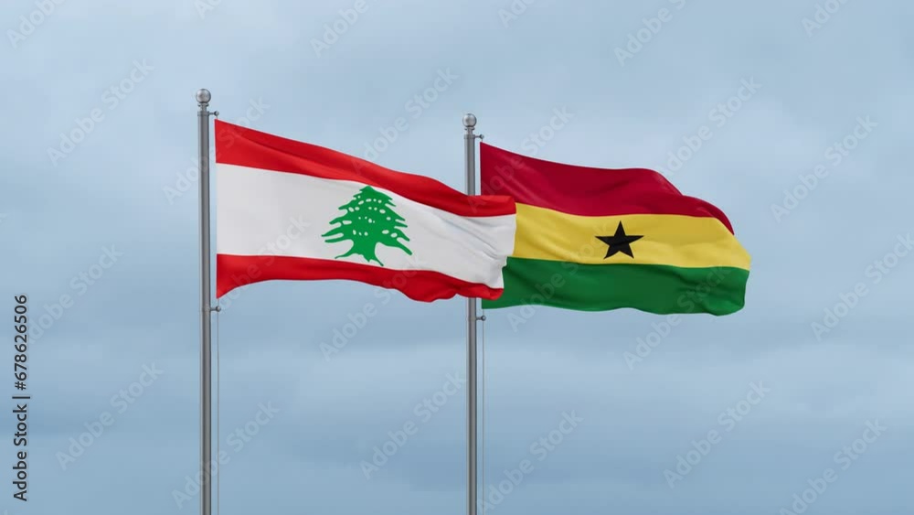 Ghana flag and Lebanon flag waving together on cloudy sky, endless seamless loop, two country relations concept Ghana flag and Lebanon flag waving together on cloudy sky, endless seamless loop, two country relations concept