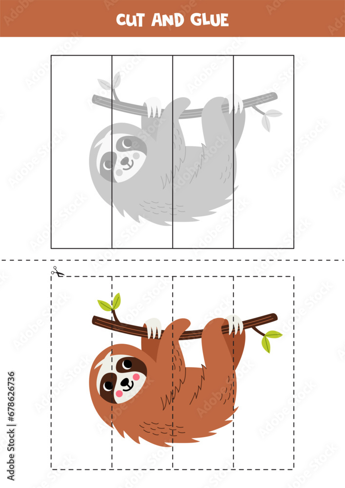 Obraz premium Cut and glue game for kids. Cute cartoon sloth.