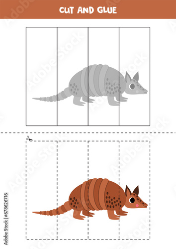 Cut and glue game for kids. Cute cartoon armadillo.