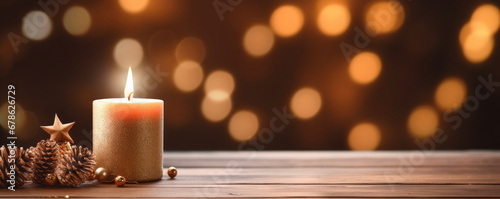 Illuminating Warmth  A Serene Scene of a Lit Candle and a Pine Cone on a Table