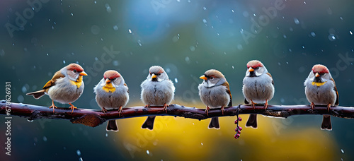 a group of  birds on a branch, birds sitting on a branch in summer garden in the rain © Planetz
