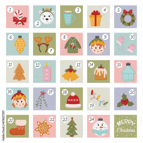 Printable Christmas advent calendar for kids with numbers winter holiday elements. Advent stickers, gift tags, holiday decoration. Christmas countdown. Vector elements.