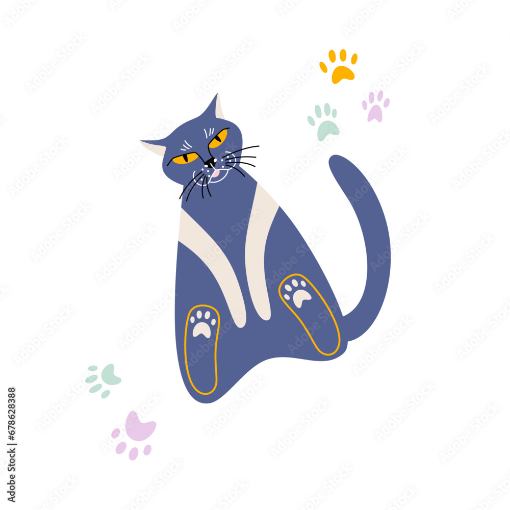 Naklejka premium Cute cartoon cat with flowers. Childish card with animals.