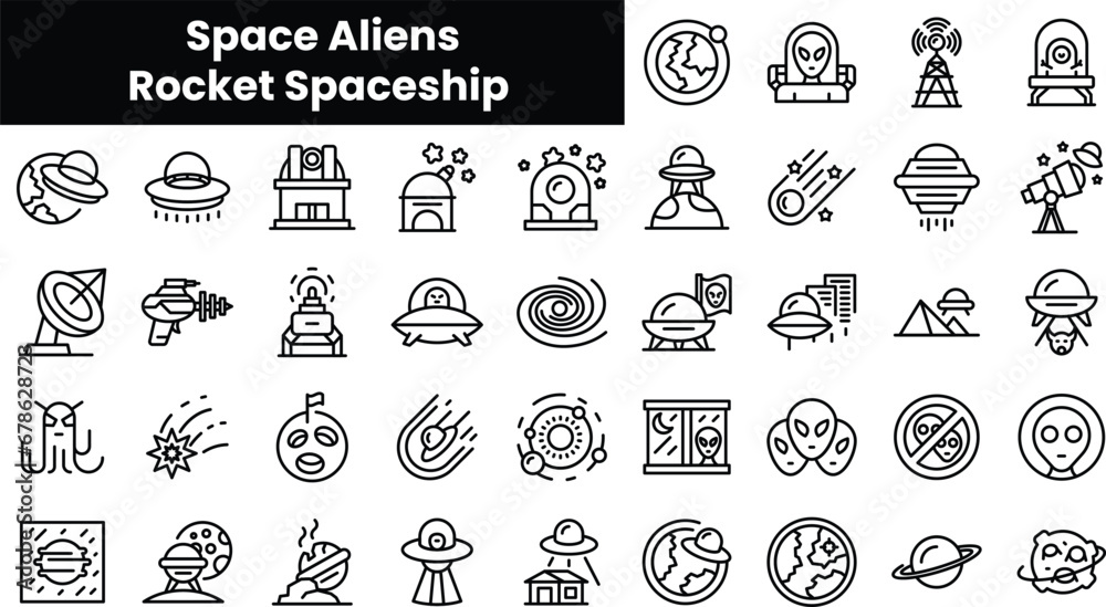 Set of outline space aliens rocket spaceship icons