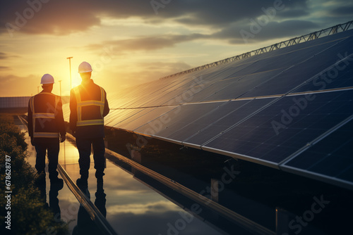 Two electrical engineers are looking at solar panels to develop an electrical system for all citizens to use electricity sustainably. AI generate. photo