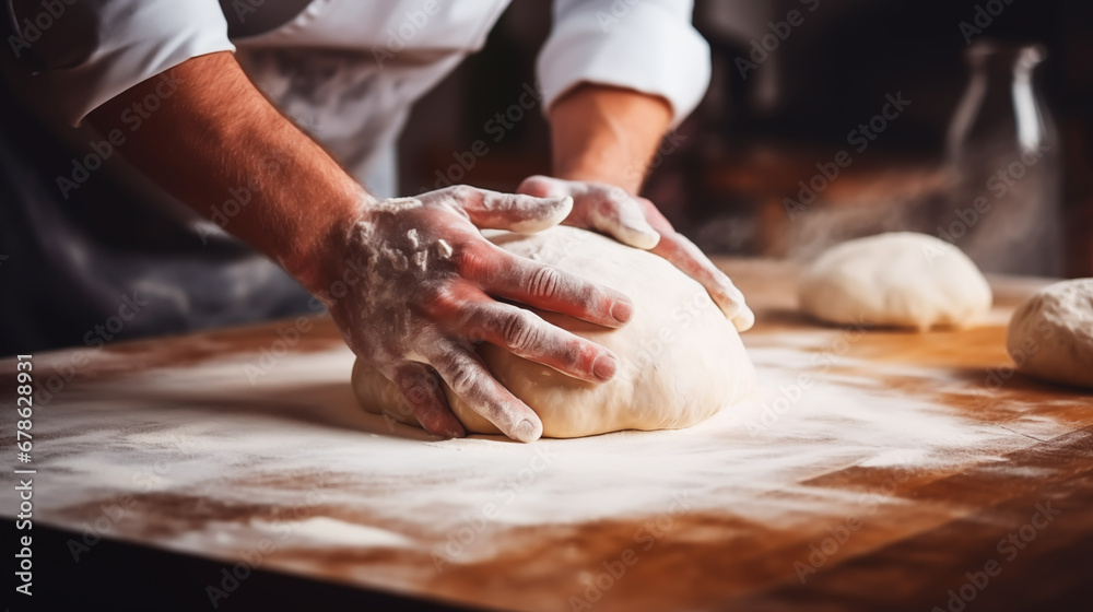 Artisan baker shaping dough with hands in a bakery kitchen. Shallow field of view.
